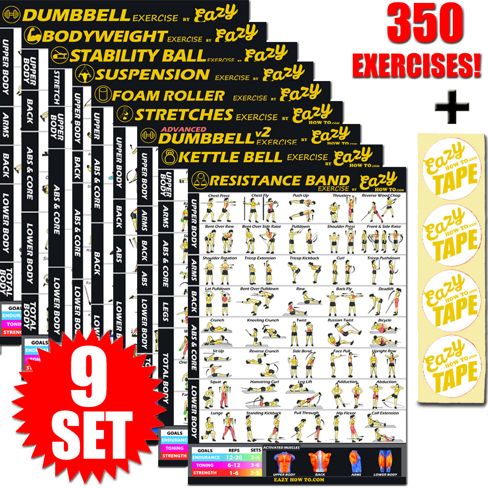 Exercise Workout Banner Poster 9 Set BIG 28 x 20" Chart Home Gym