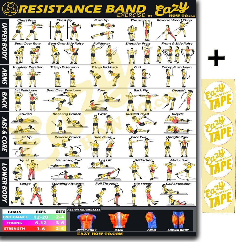 Resistance Band Exercise Workout Banner Poster BIG 28 X 20" Chart Home Gym